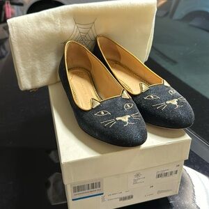Charlotte Olympia midnight blue suede cat flat size 38